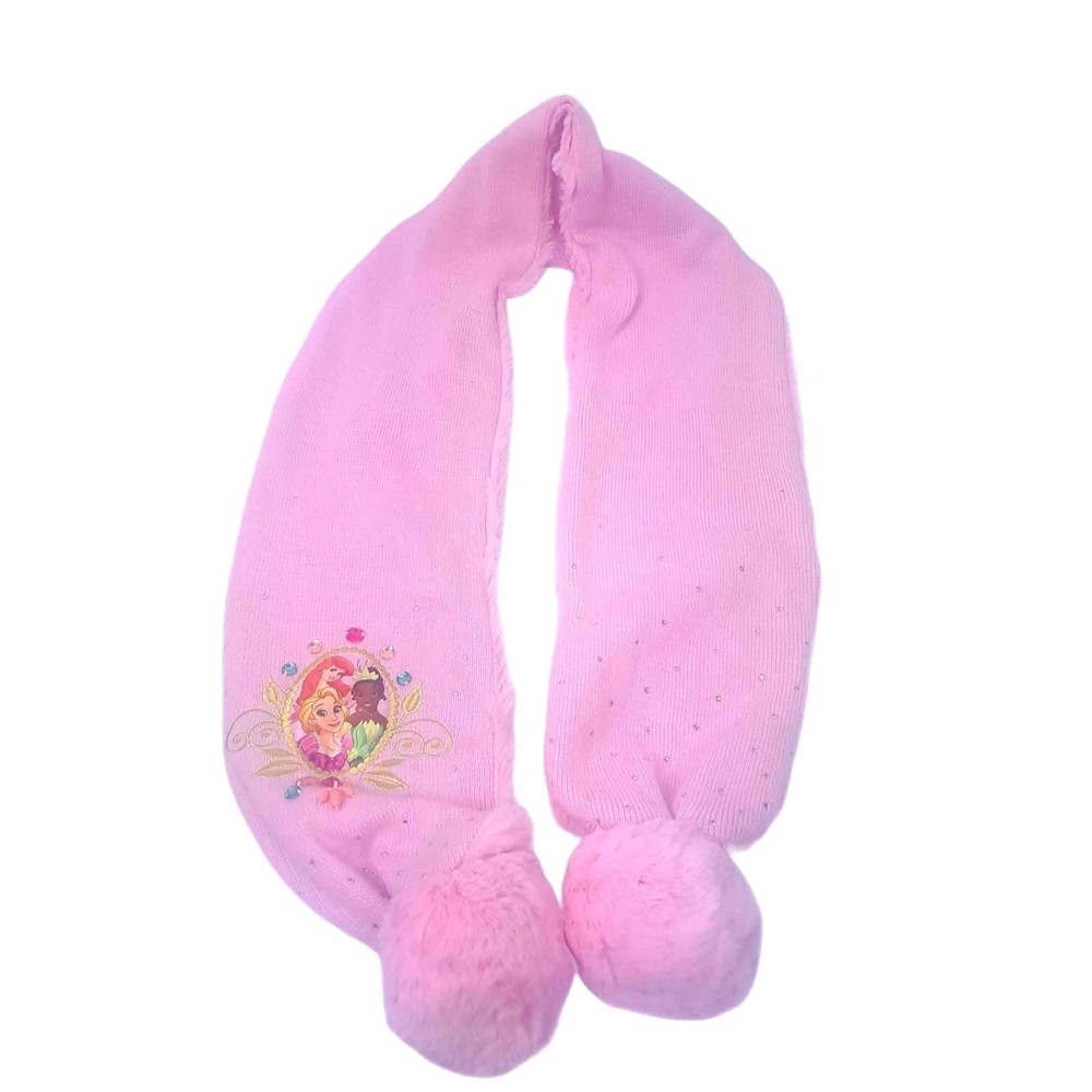 Disney Store Princess Scarf Pink Faux Fur Knit Pom Pom Rapunzel Ariel Tiana OS